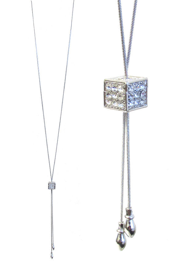 MADE IN KOREA WHITEGOLD PLATING Y SHAPE SLIDING CRYSTAL CUBE LARIAT NECKLACE