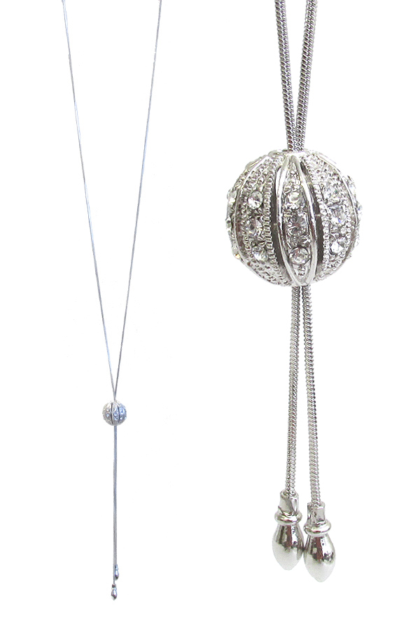 WHITEGOLD PLATING Y SHAPE SLIDING CRYSTAL BALL LARIAT NECKLACE