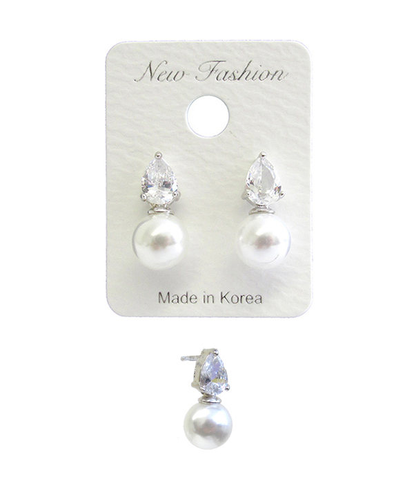 WHITEGOLD PLATING CUBIC ZIRCONIA AND PEARL STUD EARRING