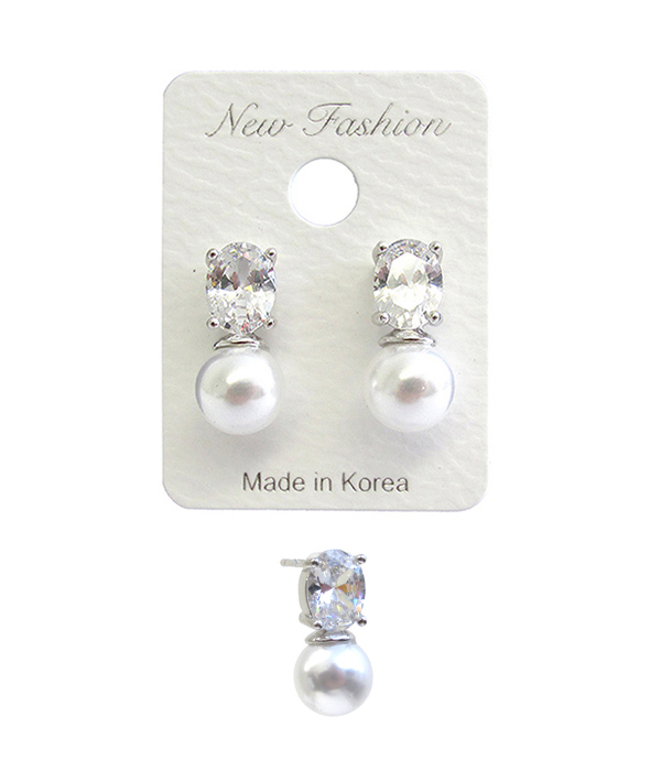 WHITEGOLD PLATING CUBIC ZIRCONIA AND PEARL STUD EARRING