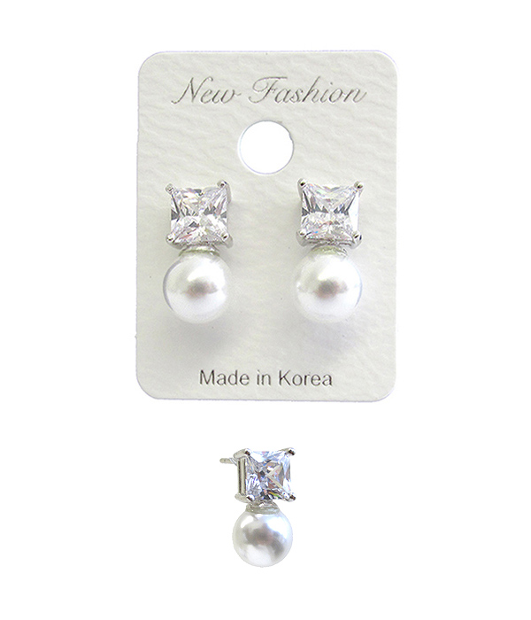 WHITEGOLD PLATING CUBIC ZIRCONIA AND PEARL STUD EARRING