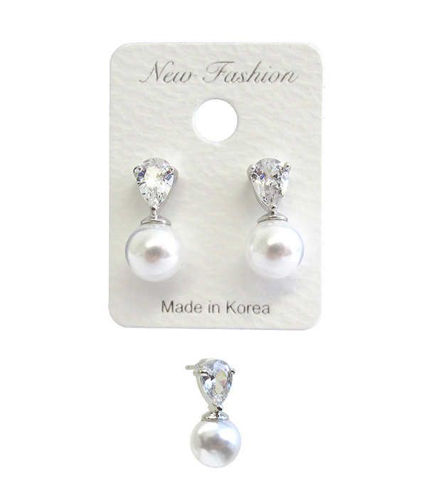 WHITEGOLD PLATING CUBIC ZIRCONIA AND PEARL STUD EARRING