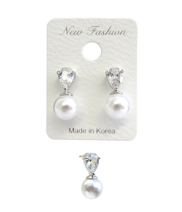 Made in korea whitegold plating cubic zirconia and pearl stud earring