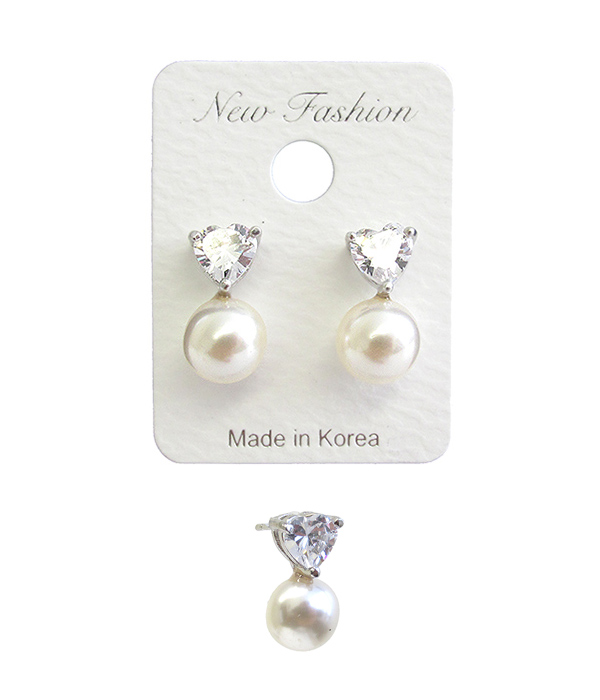 WHITEGOLD PLATING CUBIC ZIRCONIA AND PEARL STUD EARRING