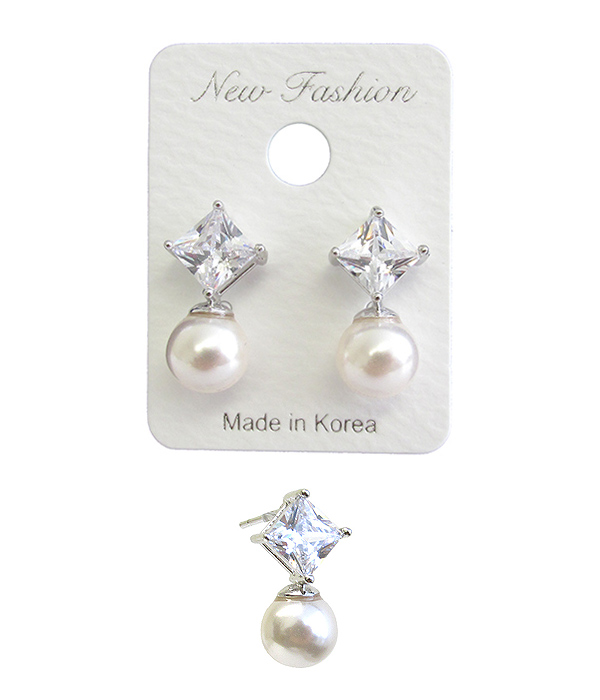 WHITEGOLD PLATING CUBIC ZIRCONIA AND PEARL STUD EARRING