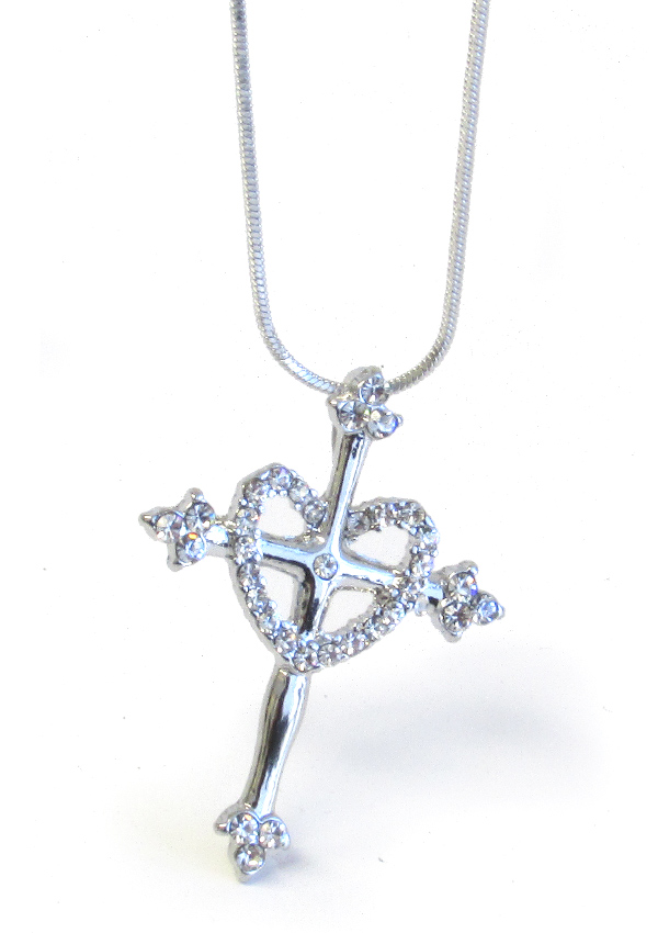 WHITEGOLD PLATING HEART AND CROSS PENDANT NECKLACE