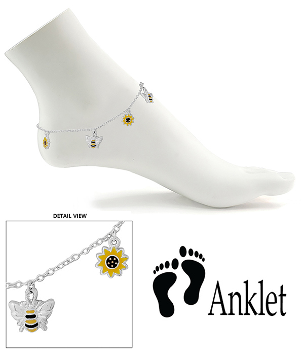 Garden theme epoxy charm anklet - bee and flower