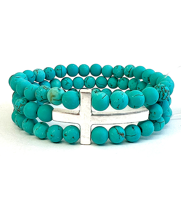 CROSS AND TURQUOISE STRETCH BRACELET