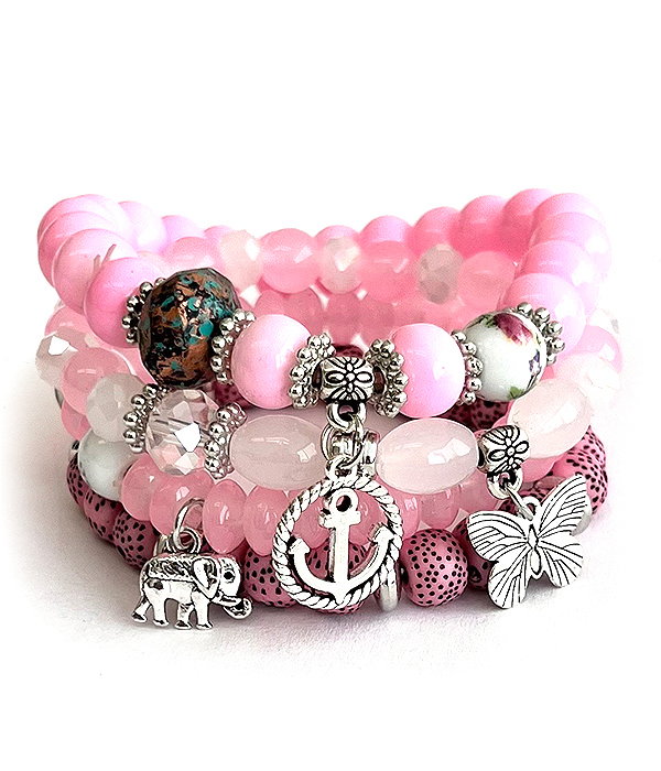 Multi mix bead stackable 4 stretch bracelet set - anchor butterfly elephant