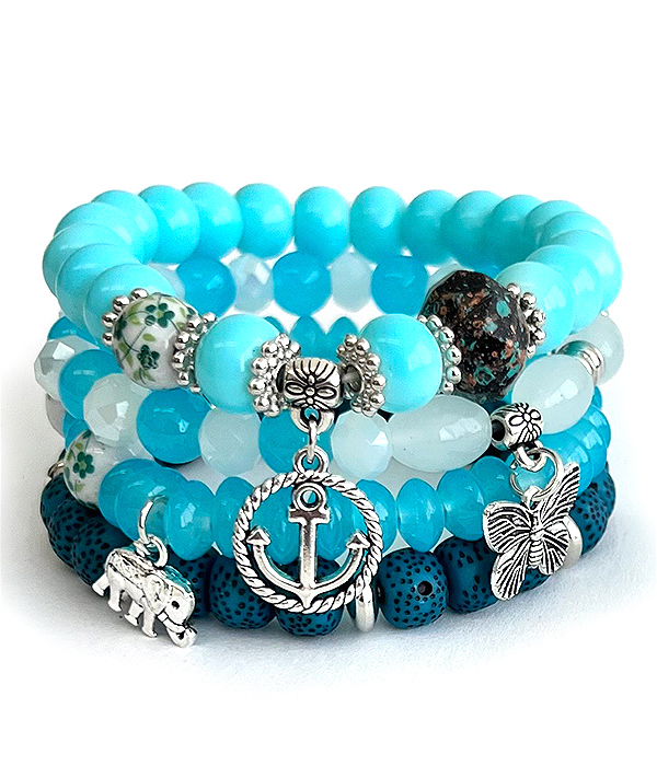 Multi mix bead stackable 4 stretch bracelet set - anchor butterfly elephant