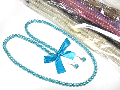 Sell by dozen - pearl beads and ribbon necklace and earring set mens jewelry