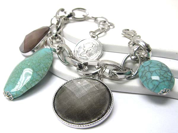 TURQUOISE STONE AND FACET GLASS CHARM BRACELET