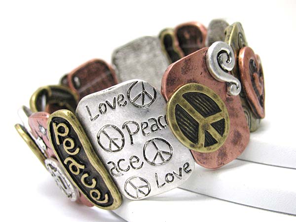 Love peace theme tri tone metal stretch bracelet
