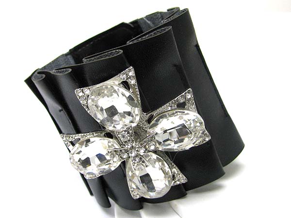 CRYSTAL AND GLASS DECO CROSS ACCENT LEATHER WRIST BAND