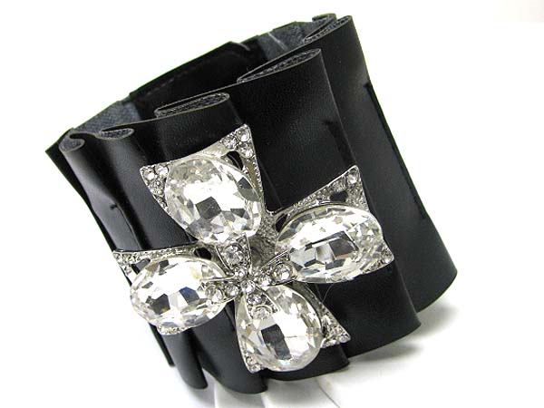 Crystal and glass deco cross accent leather wrist band