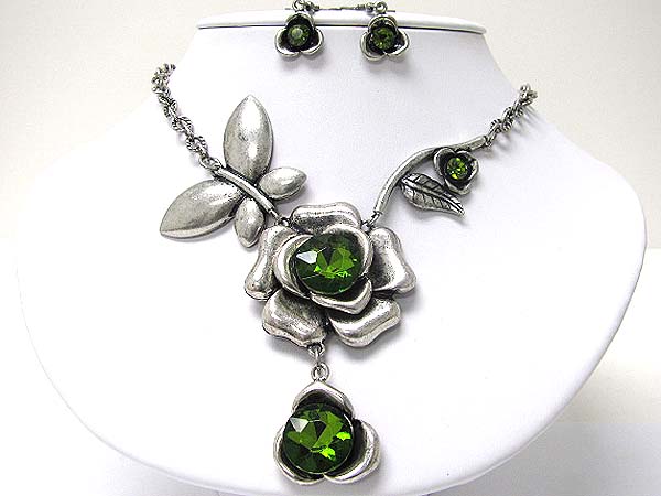 Facet glass stone metal flower and butterfly link neckalce earrign set