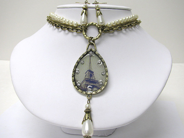 Crystal stud picture pendat pearl dangle necklace earring set