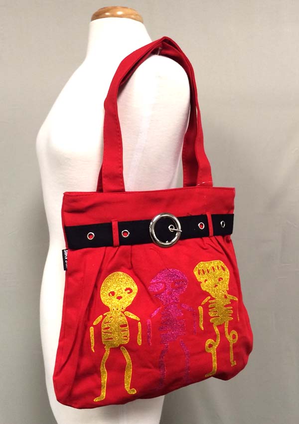Three skull and skeleton and belt accent zipper top tote bag