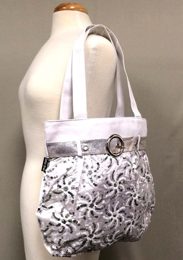 Sequin flower and belt accent tote bag