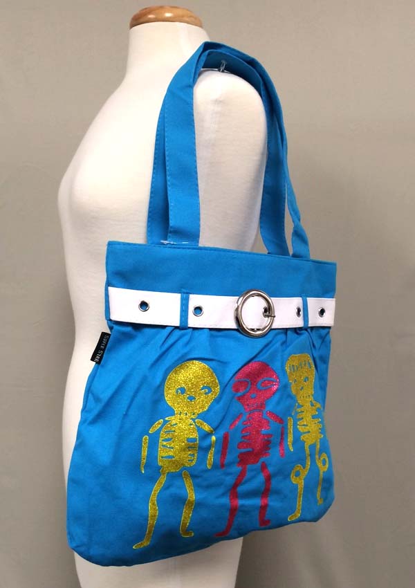 Three skull and skeleton and belt accent zipper top tote bag