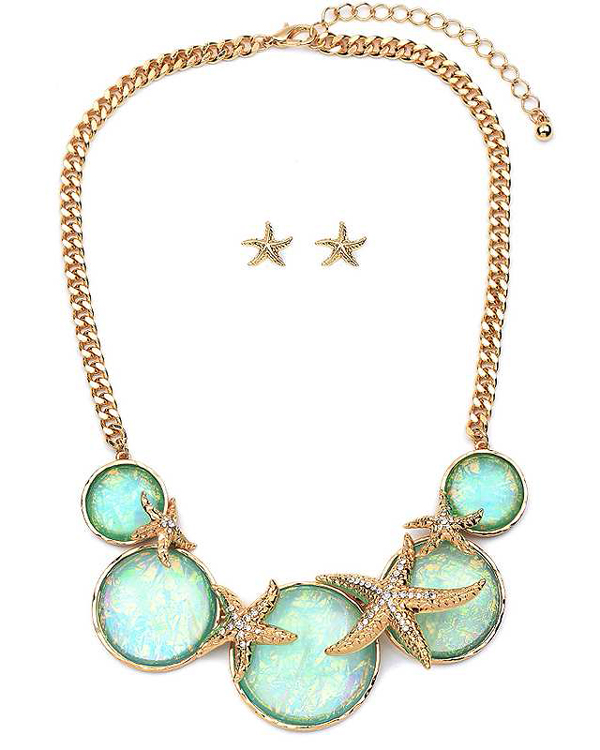 Crystal starfish and multi abalone finish puffy stone link necklace earring set