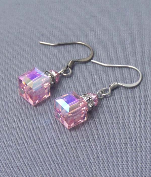 Square swarovski crystal and rondelle drop earring - made in usa