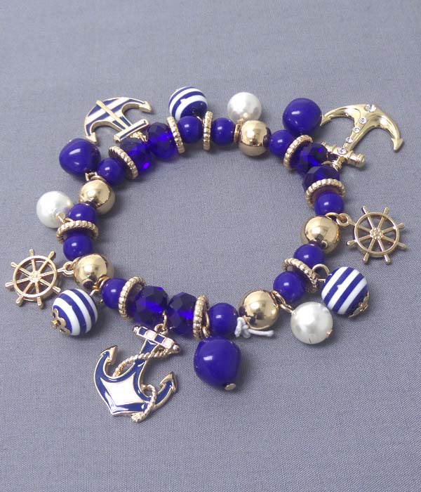 Epoxy and crystal multi anchor charm stretch bracelet