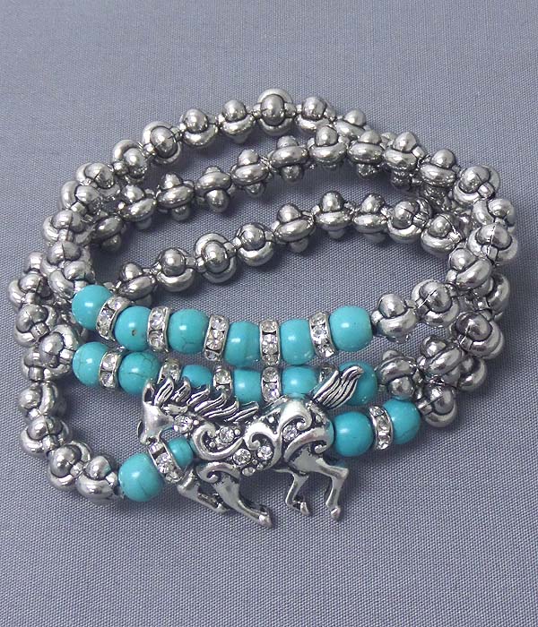 Horse theme crystal rondelle and turquoise link stretch wrap bracelet