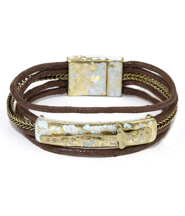 Handmade cross plate and wax cord magnetic closure bracelet