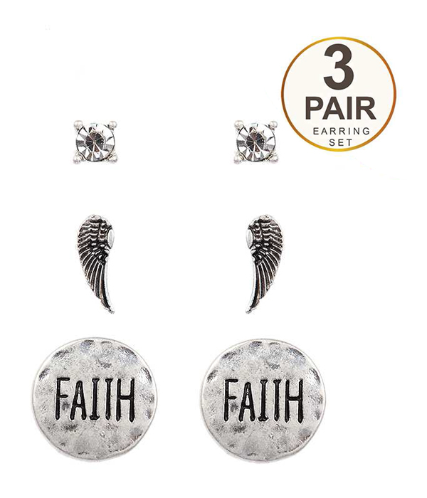 Religious inspiration 3 pair earring set - angel wing faith