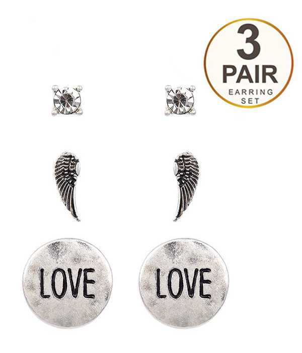 Religious inspiration 3 pair earring set - angel wing love