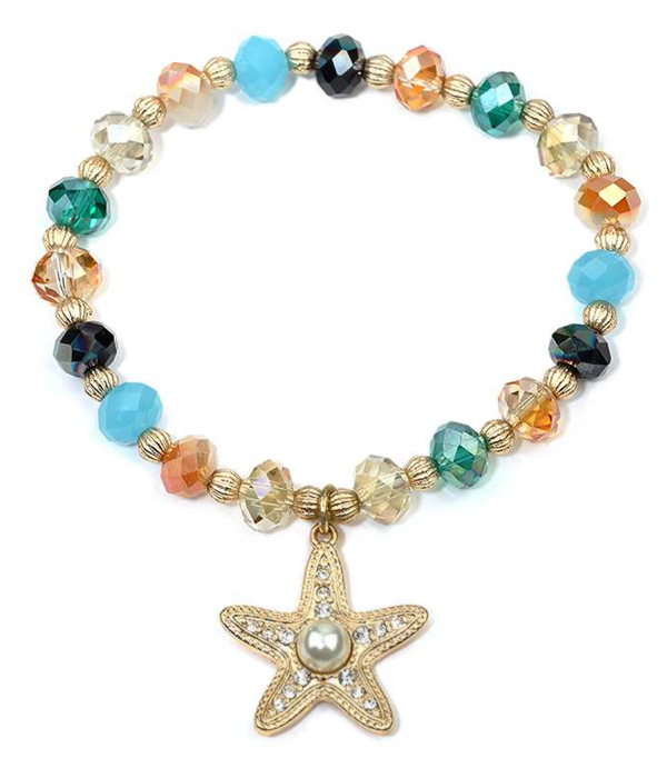 Pearl and crystal starfish charm glass bead stretch bracelet