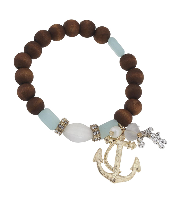 Handmade anchor charm and wood and frost glass bead stretch bracelet