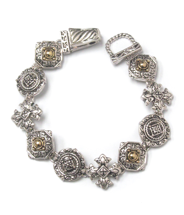 Metal textured gothic cross linked magentic bracelet 