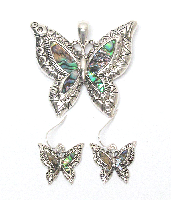 Metal filigree and abalone butterfly pendant and earring set