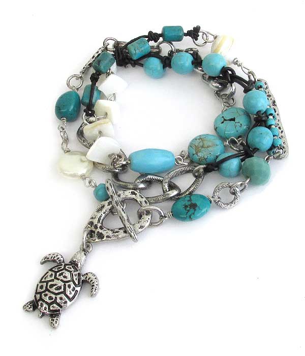 SEALIFE THEME MULTI STONE MIX WRAP TOGGLE BRACELET - TURTLE