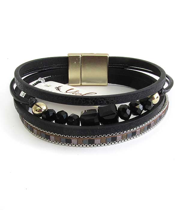 Multi layer leatherette and facet stone mix magnetic bracelet