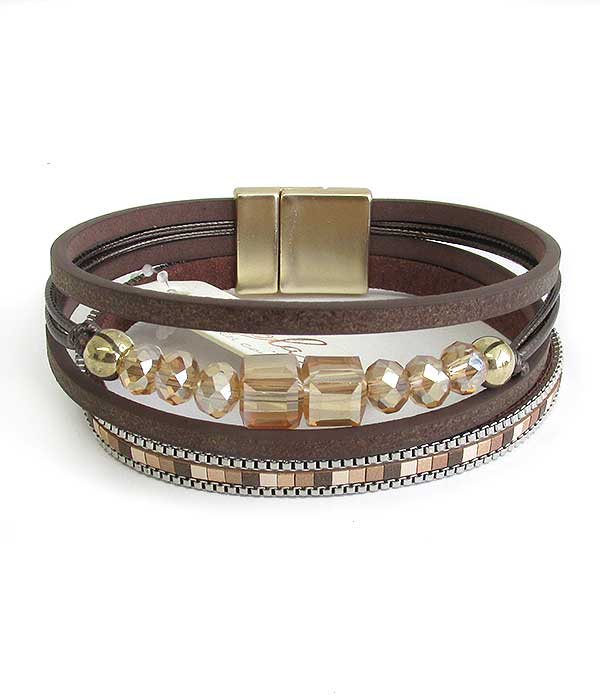 Multi layer leatherette and facet stone mix magnetic bracelet