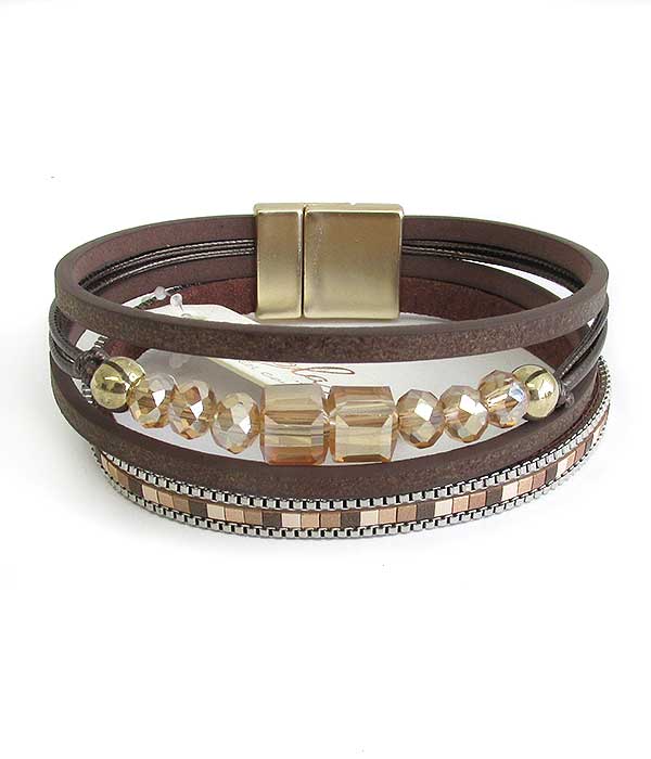 MULTI LAYER LEATHERETTE AND FACET STONE MIX MAGNETIC BRACELET