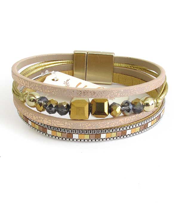 Multi layer leatherette and facet stone mix magnetic bracelet