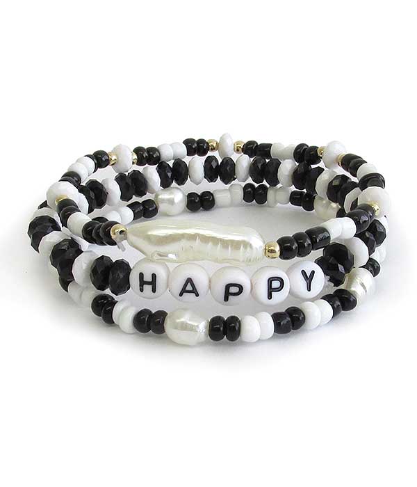 WORD BLOCK MIXED BEAD AND FRESHWATER PEARL STACKABLE STRETCH BRACELET - HAPPY