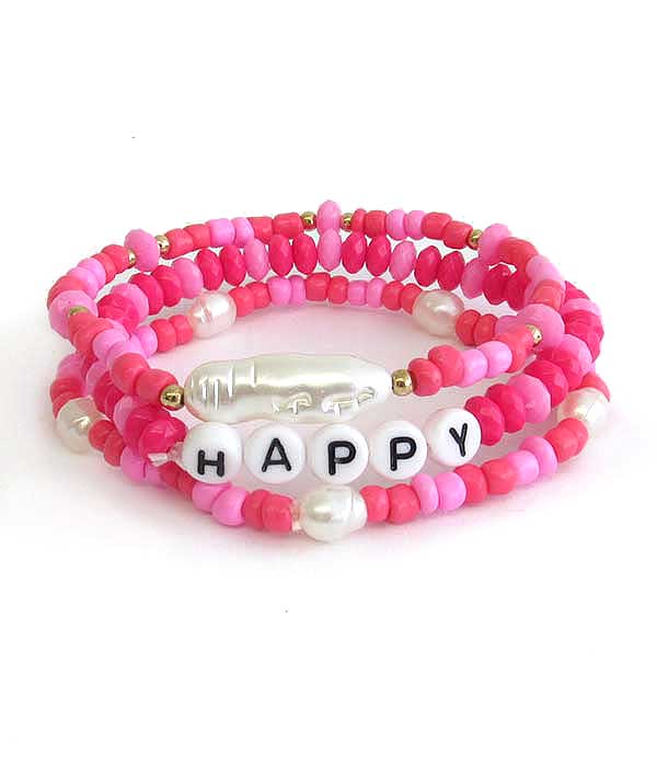 WORD BLOCK MIXED BEAD AND FRESHWATER PEARL STACKABLE STRETCH BRACELET - HAPPY