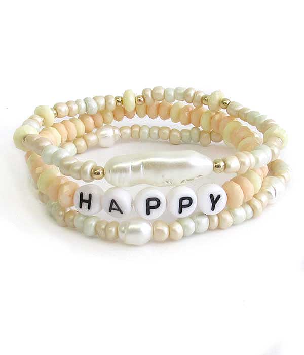 WORD BLOCK BEADS AND FRESHWATER PEARL STACKABLE STRETCH BRACELET - HAPPY