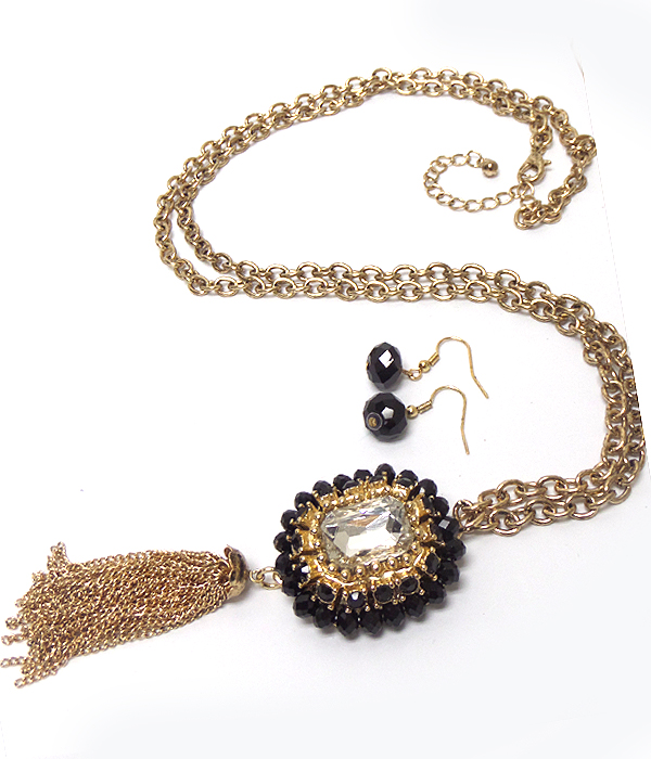 Chain with stones and tassel drop long necklace set