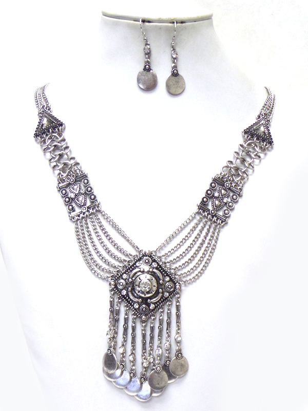 Chain and coin drop metal textured necklace set 