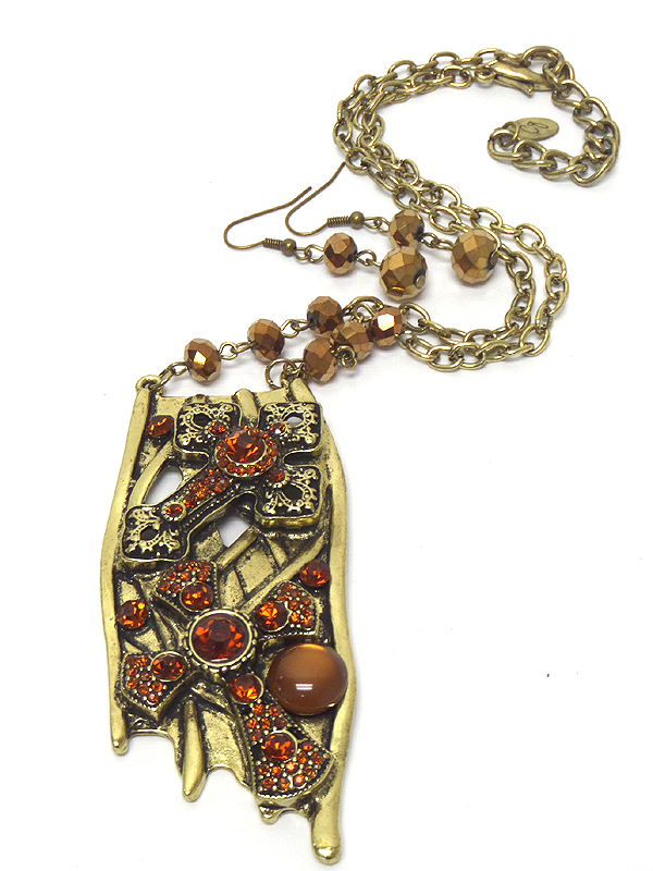 Dual crystal cross deco large pendant long necklace set