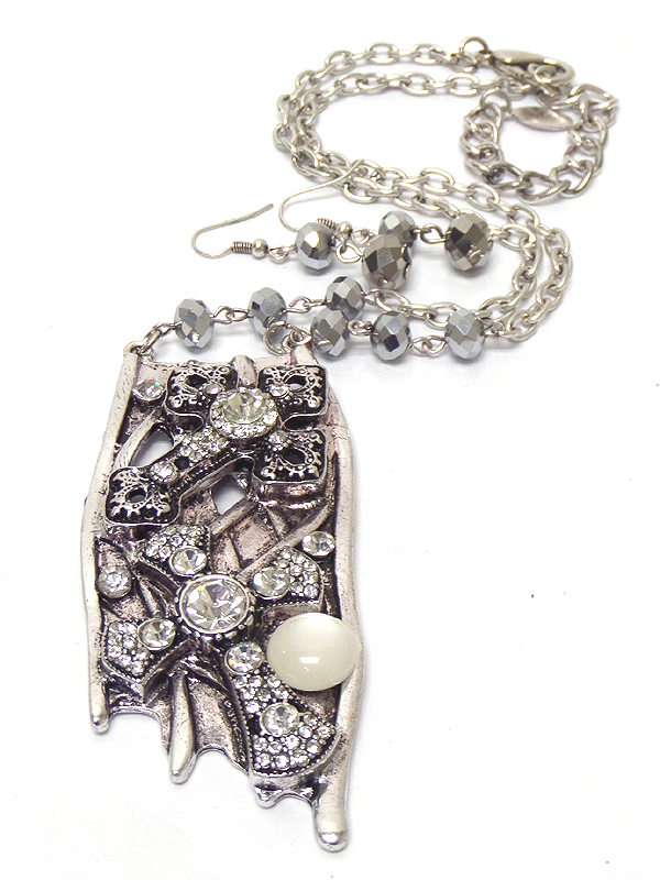 Dual crystal cross deco large pendant long necklace set