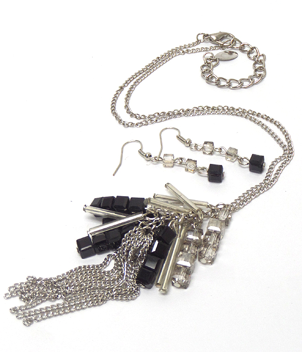 Glass cube and metal tassel drop long necklace set