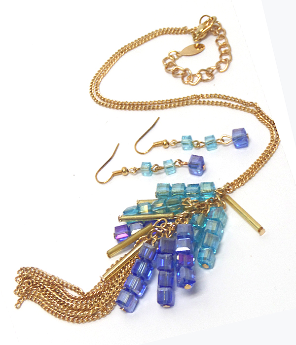 Glass cube and metal tassel drop long necklace set