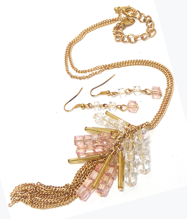 Glass cube and metal tassel drop long necklace set